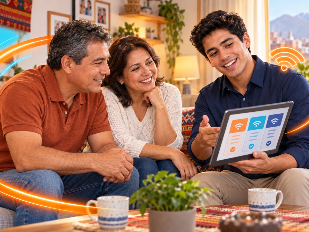 Asesor explicando planes de internet a una familia