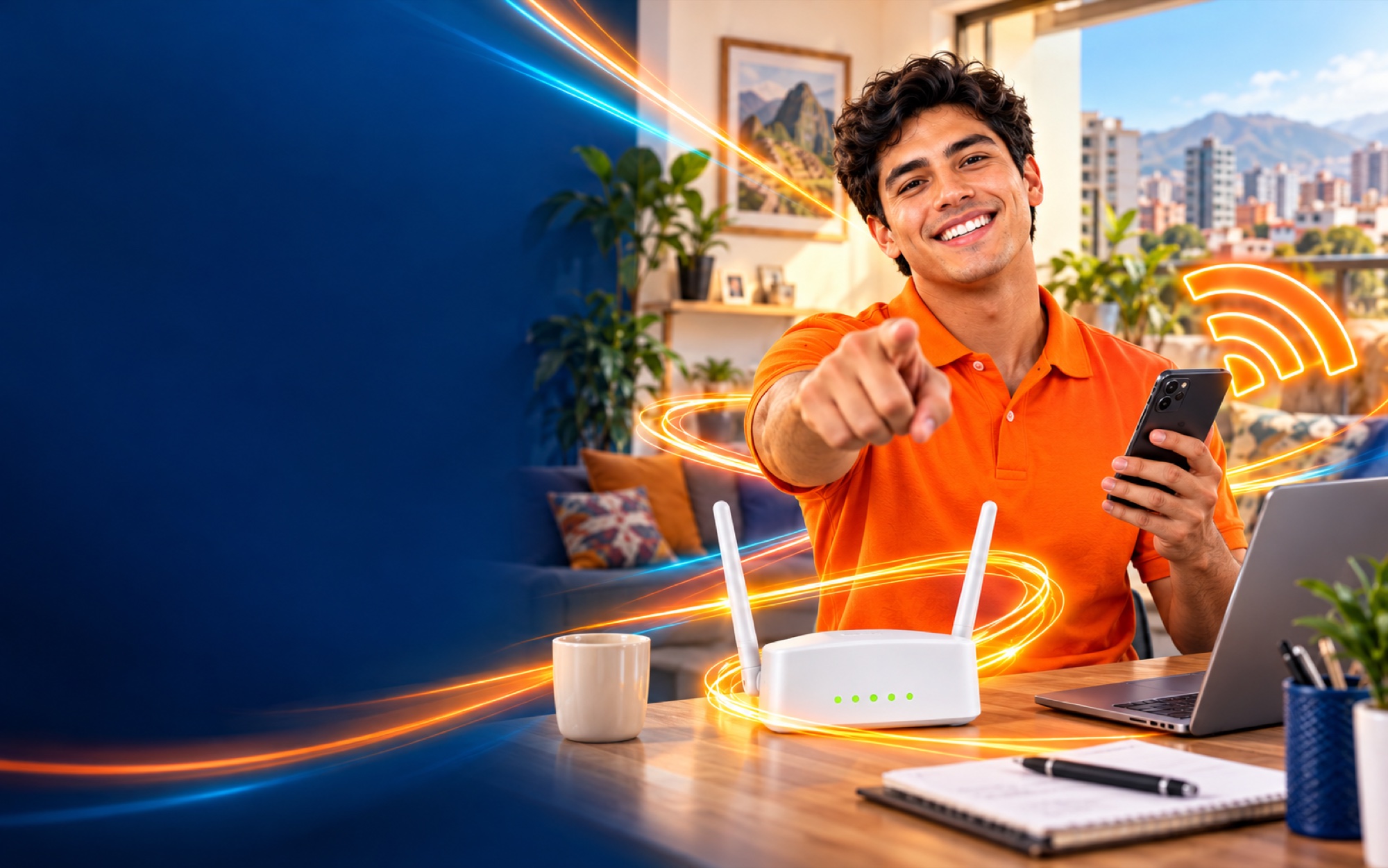Joven asesor freelance invitando a empezar desde casa